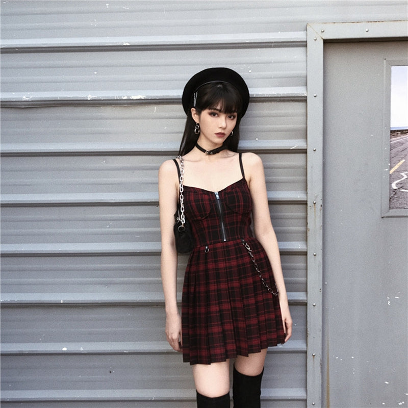 Edgy Plaid Zipper Chain Pleated Slip Dress