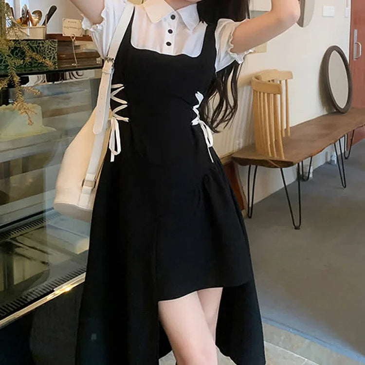 Chic Fashion Fusion: Lace-Up Fake Two Piece Midi Dress