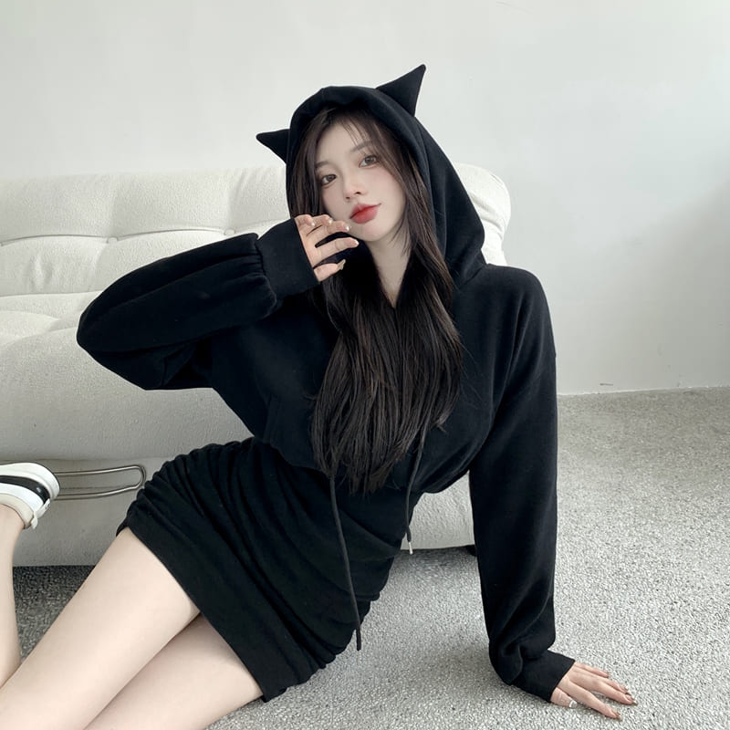 Cute Kitty Cat Ears Drawstring Sweatshirt Hooded Dress