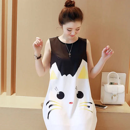 Cartoon Kitty Print Magic: Dress Up Effortlessly!