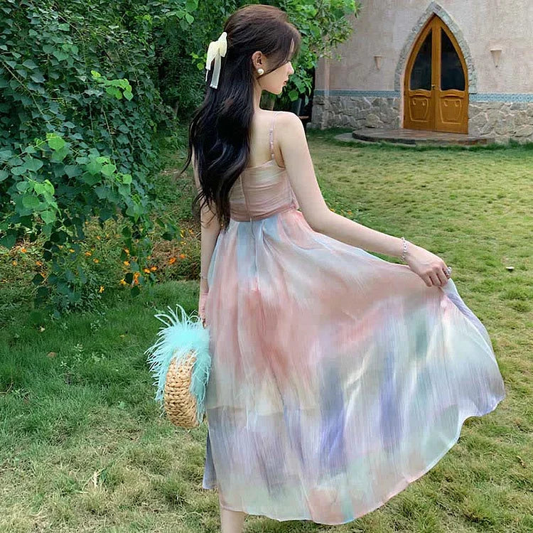 Chic & Dreamy: Sleeveless Rainbow Print Long Slip Dress