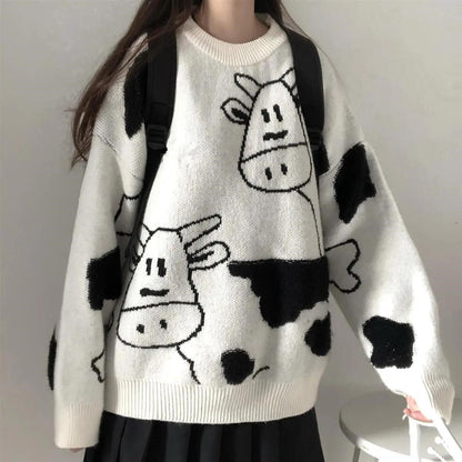 Harajuku Cartoon Cow Sweater - Embrace Cuteness and Warmth All Winter Long! 🐄❄️