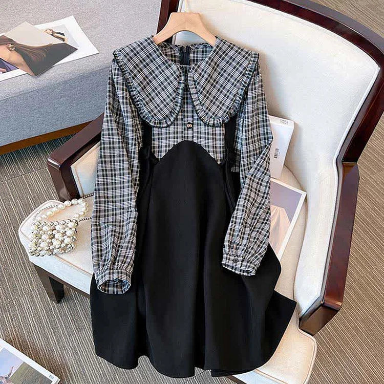 Classic Flair for Curves: Plus Size Black and Coffee Plaid Dress
