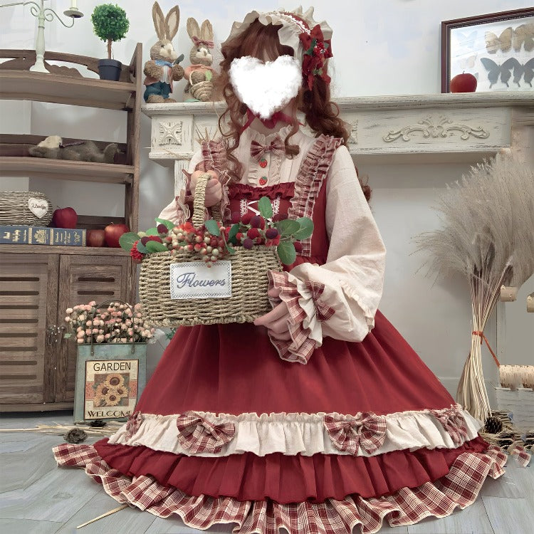 Lolita Bowknot Red Hood Cloak Plaid Dress Set