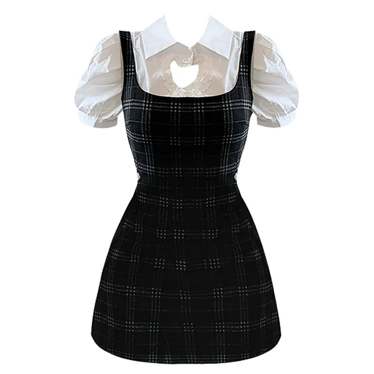 Sweet Love Heart Hollow Out Collar Shirt Lace Up Plaid Dress Two Piece Set