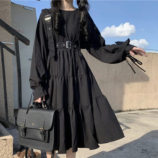 Black High Waist Ruffle Hem A-Line Lolita Dress