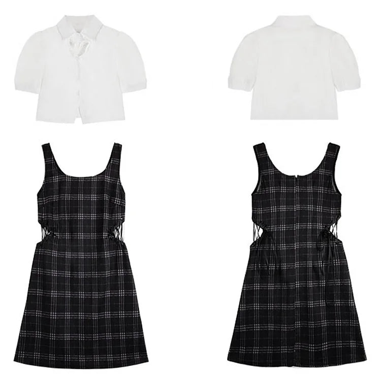 Sweet Love Heart Hollow Out Collar Shirt Lace Up Plaid Dress Two Piece Set