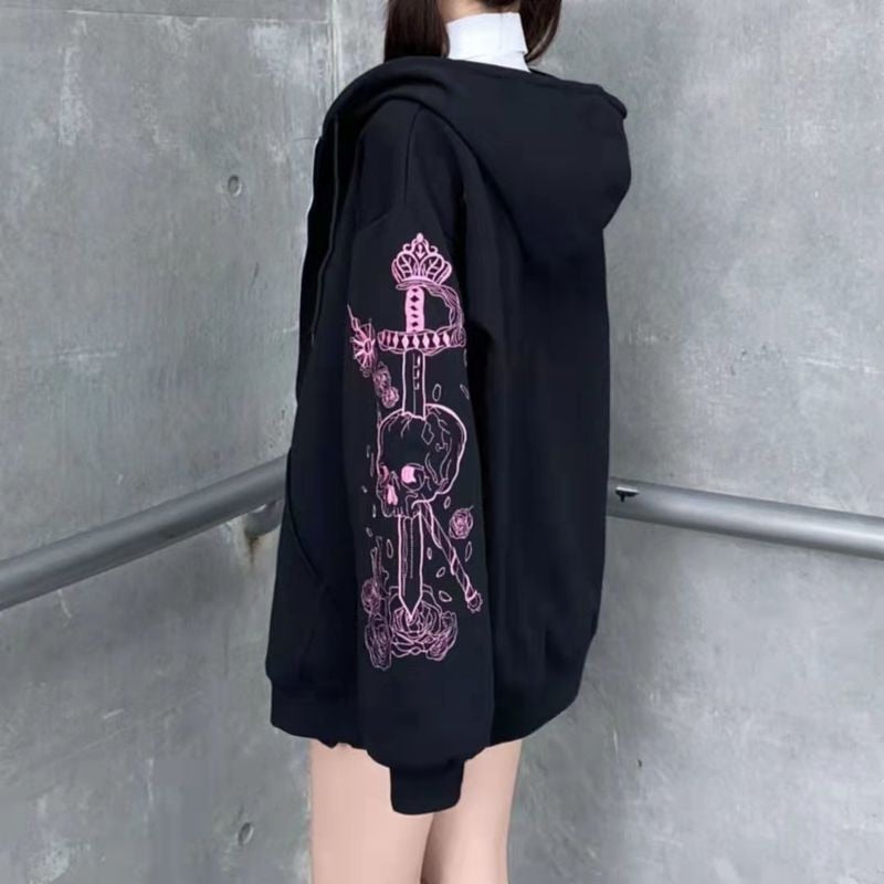 Rebel Radiance: Punk Gothic Anime Skull Street Hoodie - Defy Conventions in Black! 💀🖤