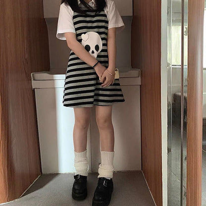 Kawaii Meets Gothic: Striped Emo Skull Dress for a Unique Look