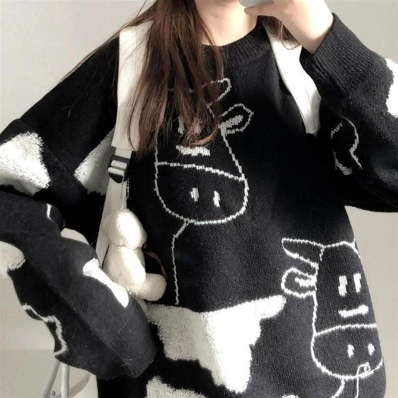 Harajuku Cartoon Cow Sweater - Embrace Cuteness and Warmth All Winter Long! 🐄❄️
