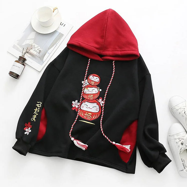 Sakura Luck Unleashed: Lucky Cat Letter Embroidery Hoodie - Charm and Comfort in Every Thread! 🍀🐱