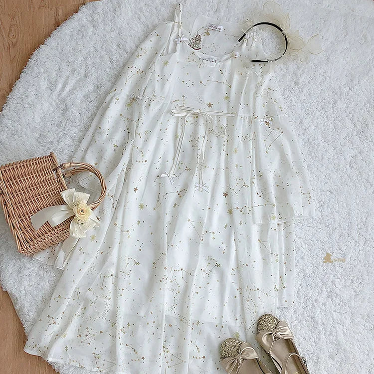 Vintage Meteorite Print Slip Dress Cardigan Set for Girls