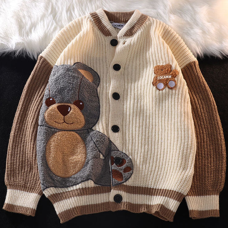 Streetwear Embroidery Bear Cardigan Sweater - Cute and Cozy Outerwear