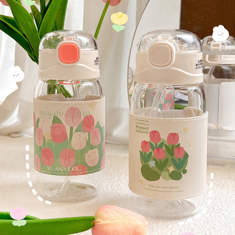 Kawaii Tulip Glass Water Bottle
