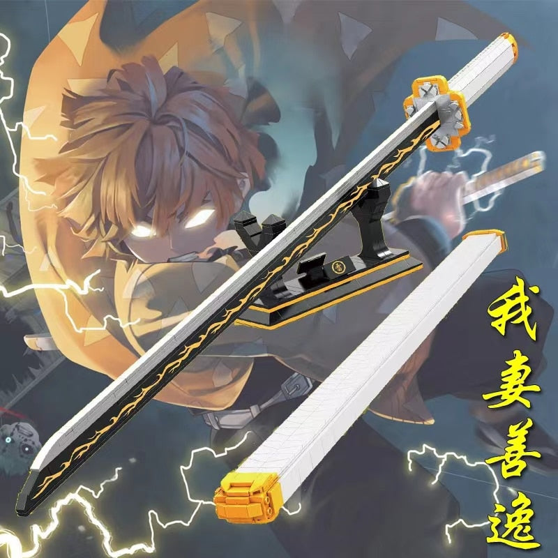 Demon Slayer Zenitsu Lightning Katana Sword Building Blocks with Stand