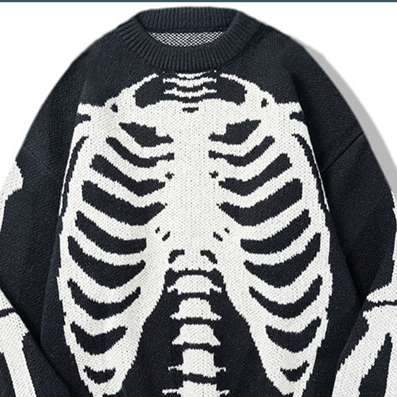 Street Style Long Sleeve Knit Sweater - Skeleton Bone Chic! 💀🕶️