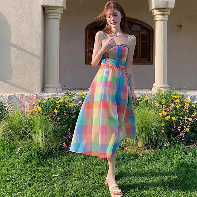 Rainbow Elegance: Chic Plaid Print Long Slip Dress