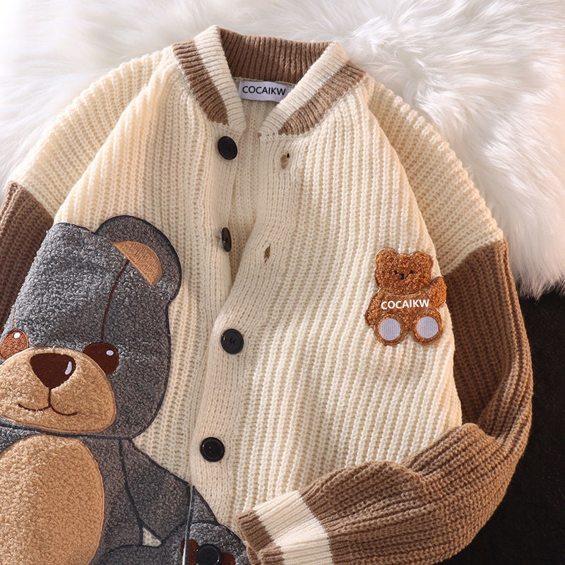 Streetwear Embroidery Bear Cardigan Sweater - Cute and Cozy Outerwear