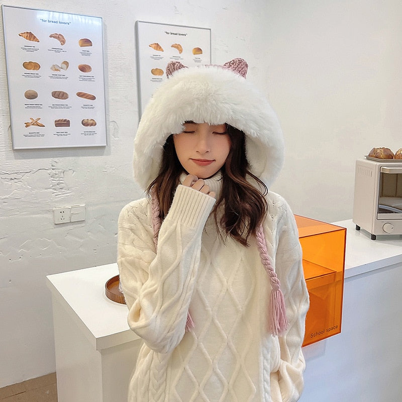 Winter Warm Kitty Ears Plush Wooly Hat Hood