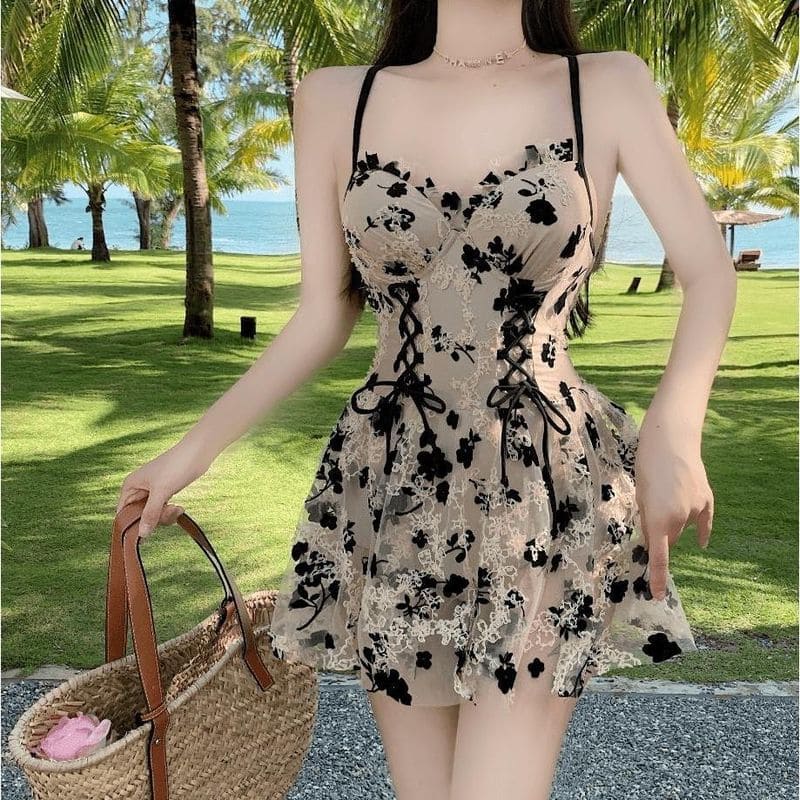 Kawaii Floral Print Backless Swimdress Swimsuit in Apricot