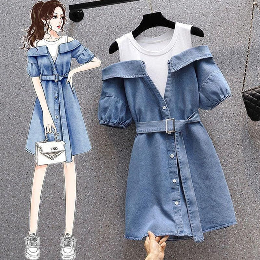 Short Sleeve Round Neck Denim Dress - Casual Chic