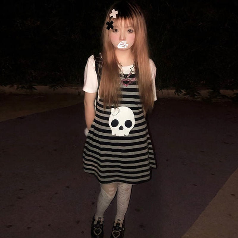 Kawaii Meets Gothic: Striped Emo Skull Dress for a Unique Look