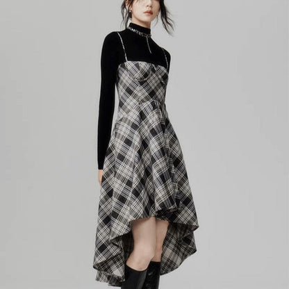 Elegant Plaid Cross Sweater and Lace-Up Slip Dress Two-Piece Set