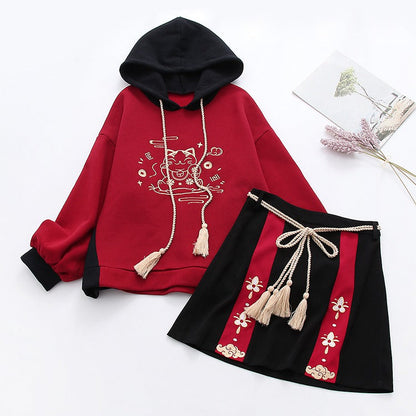 Harajuku Lucky Cat Drawstring Hoodie Skirt Two Piece Set