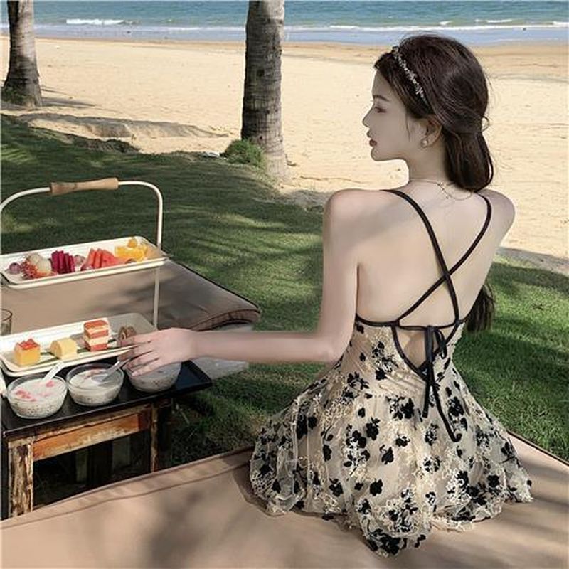 Kawaii Floral Print Backless Swimdress Swimsuit in Apricot