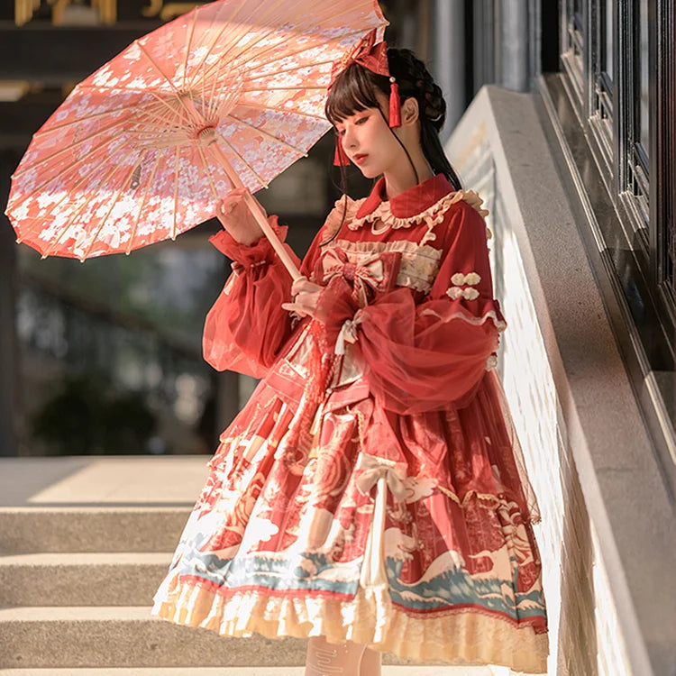 Kawaii Sweet Lolita Dress with Bow Ruffle Lace Sleeve