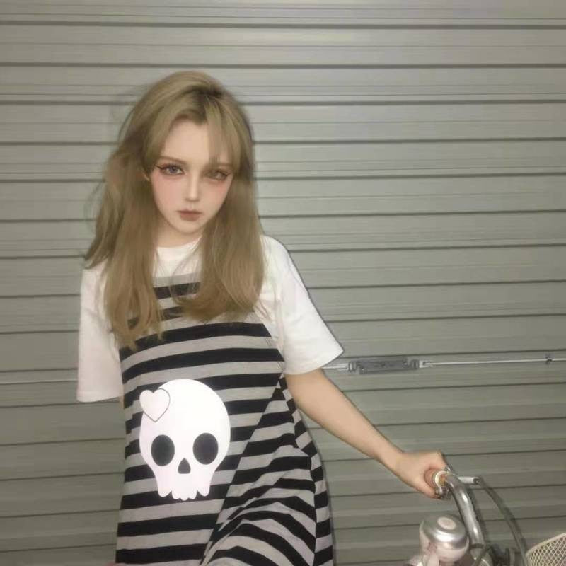 Kawaii Meets Gothic: Striped Emo Skull Dress for a Unique Look