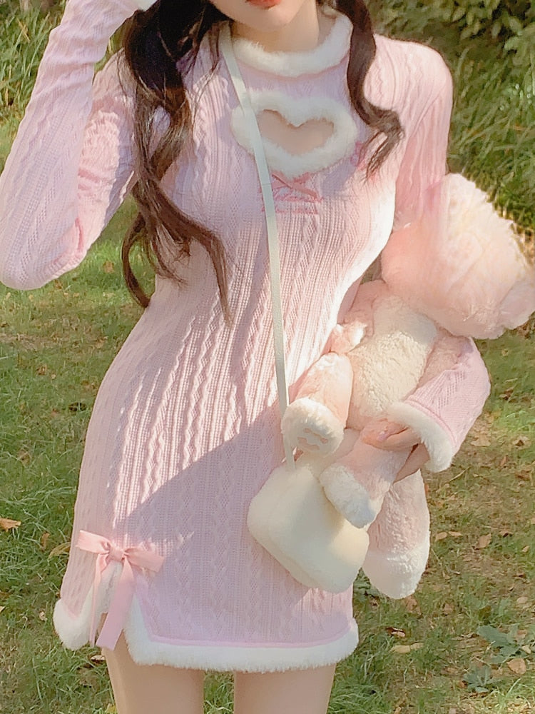 Fluffy Pink Kawaii Girl Long Sleeve Dress Youeni