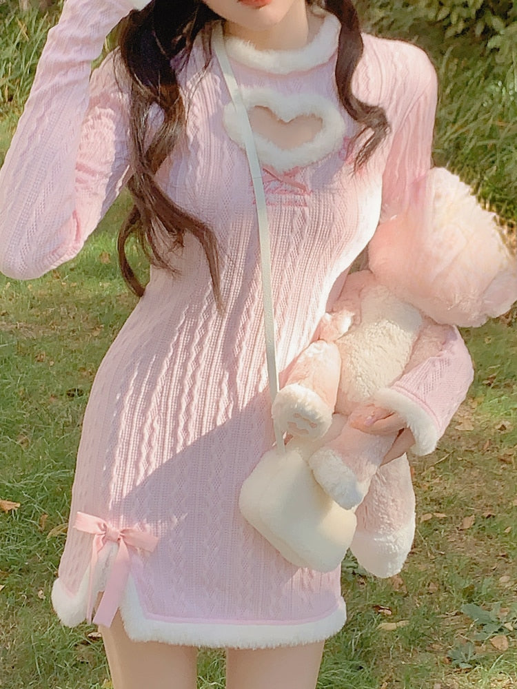 Fluffy Pink Kawaii Girl Long Sleeve Dress