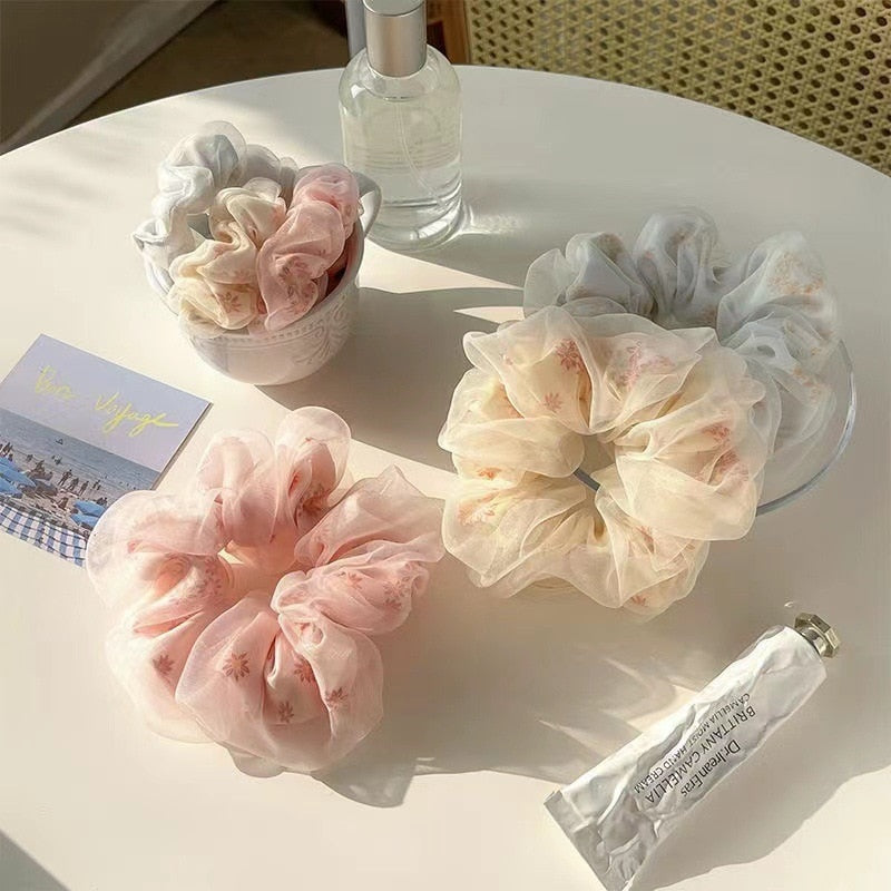 Fashion Flower Print Double Layer Silk Organza Hair Scrunchies