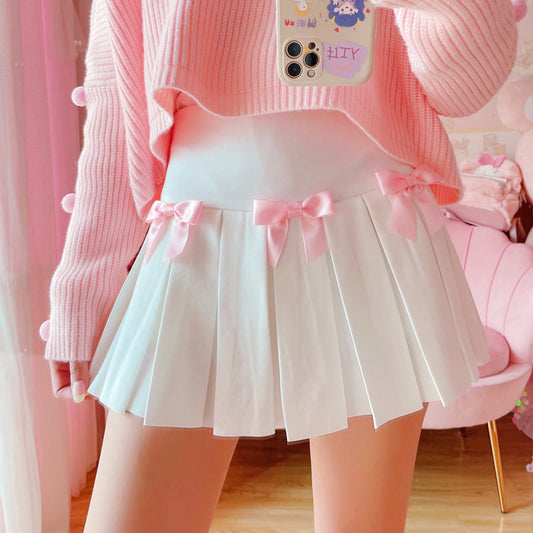 Adorable Kawaii Bow White Pleated Women Mini Skirt