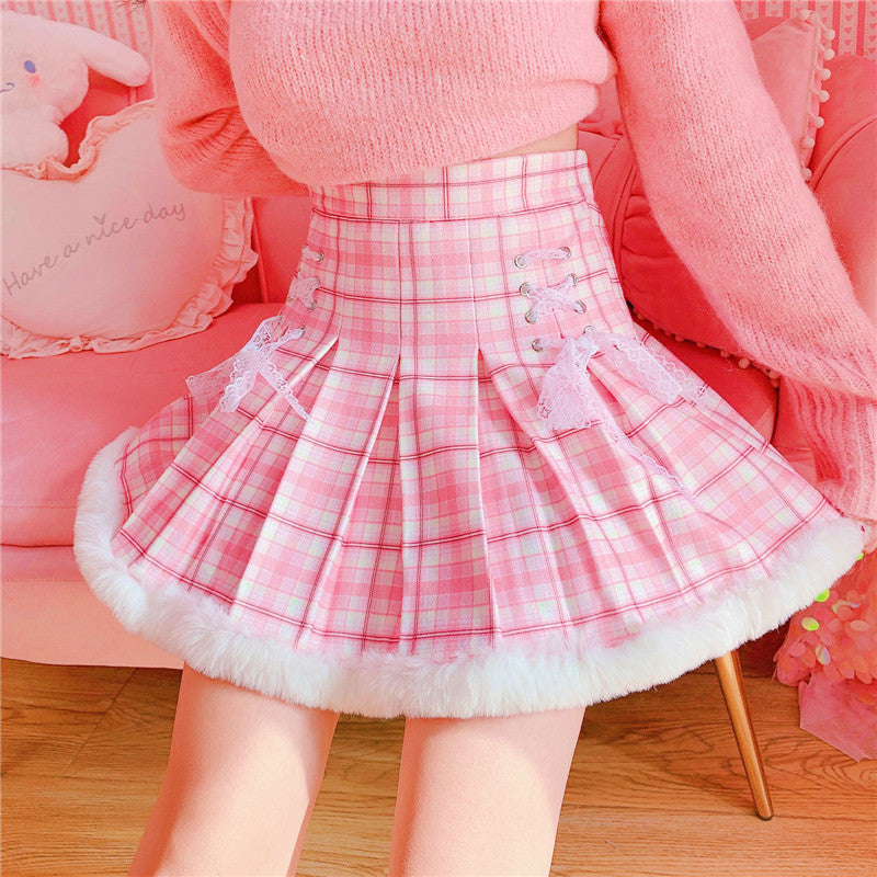 Kawaii Pleated Mini Pink Women Skirt with Lace, Fur, & Shorts