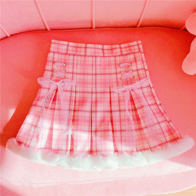 Kawaii Pleated Mini Pink Women Skirt with Lace, Fur, & Shorts