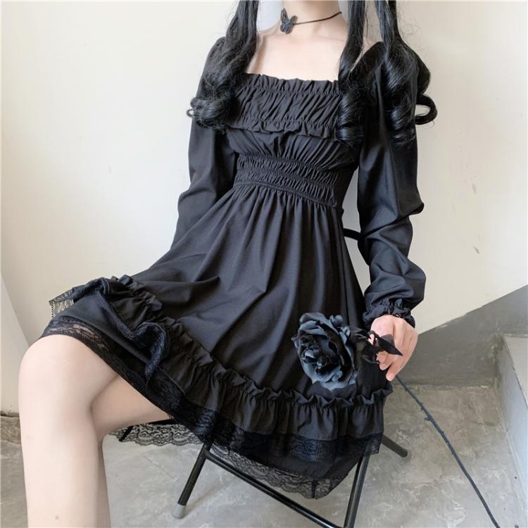 Lolita Gothic Charm: Black Mini High Waist Dress