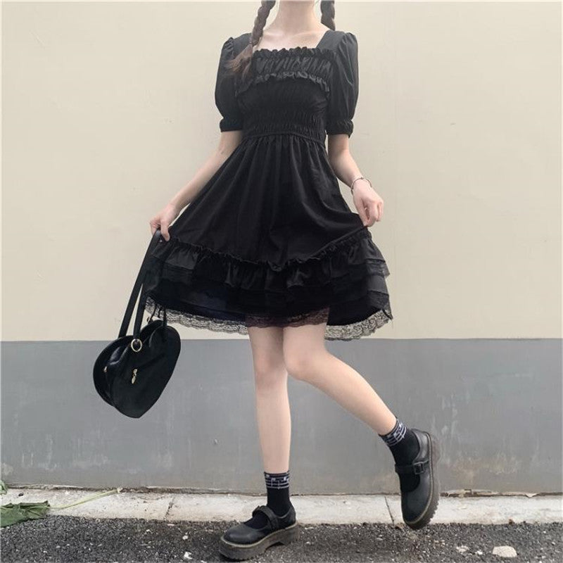 Lolita Gothic Charm: Black Mini High Waist Dress