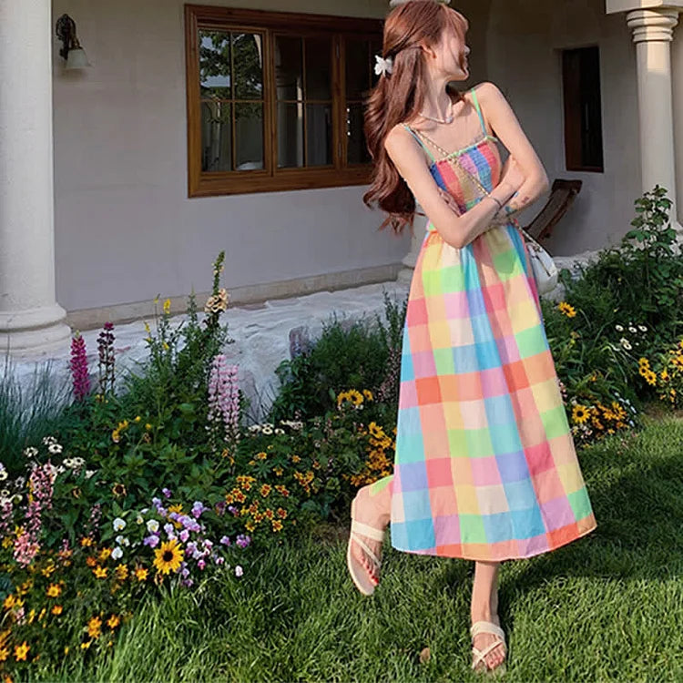 Rainbow Elegance: Chic Plaid Print Long Slip Dress