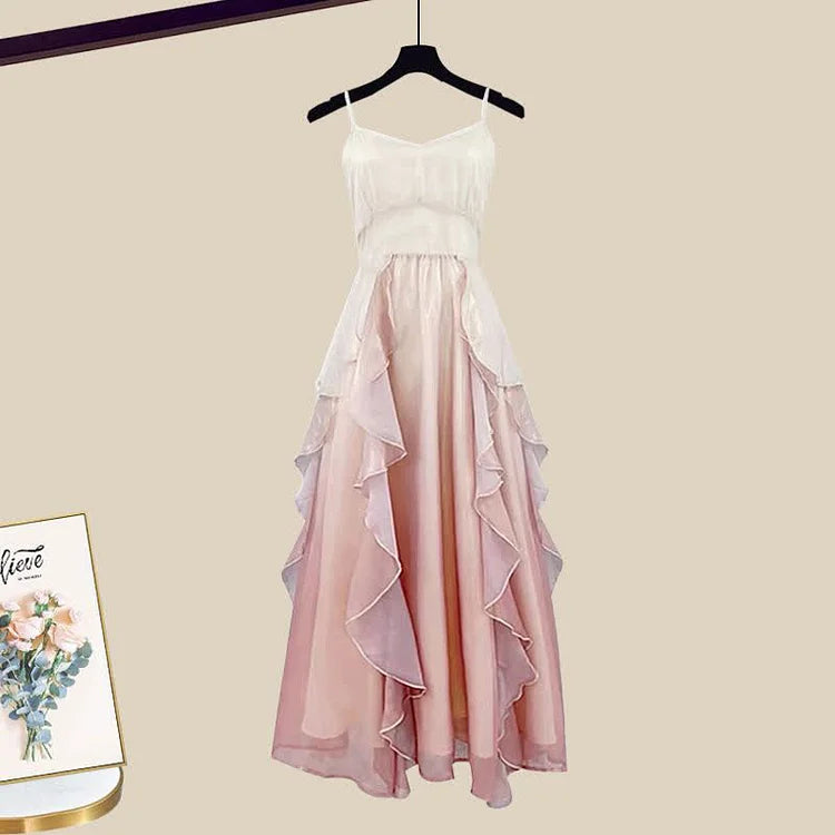 Vintage Lace Chiffon Cardigan Flouncing A-line Slip Dress Two Piece Set