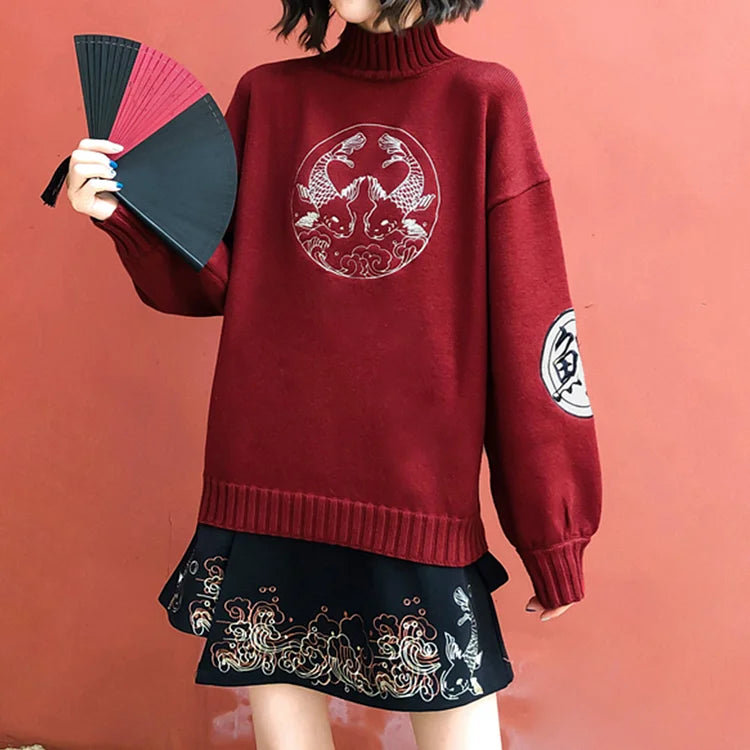 Koi Fish Embroidery Vintage Knit Sweater Tassel Skirt Two Piece
