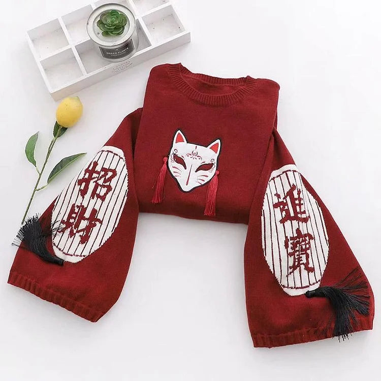 Cartoon Fox Embroidery Tassels Letter Pullover Sweater Vintage