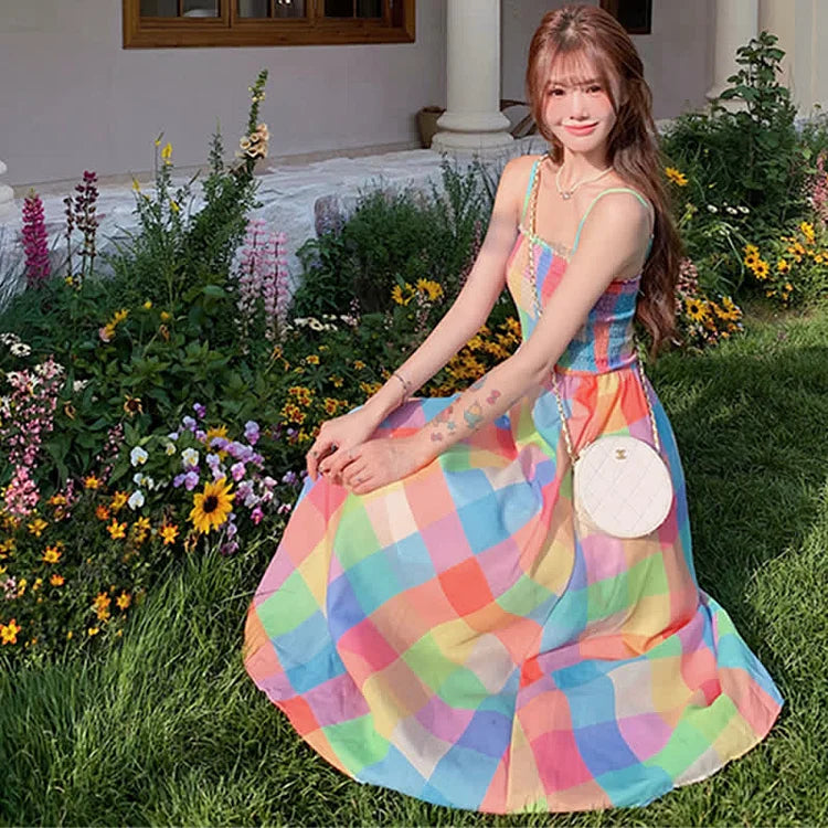 Rainbow Elegance: Chic Plaid Print Long Slip Dress