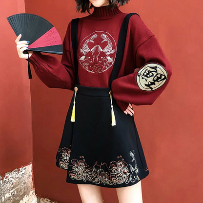 Koi Fish Embroidery Vintage Knit Sweater Tassel Skirt Two Piece