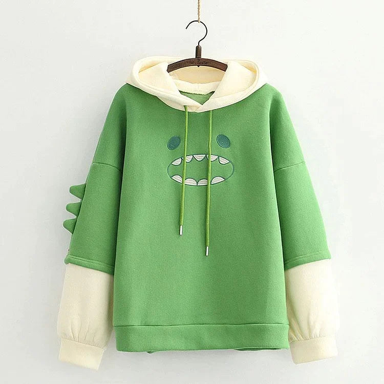 Dino Dreams: Harajuku Dinosaur Colorblock Sweatshirt Hoodie - Cute Comfort for Every Adventure! 🦕👚