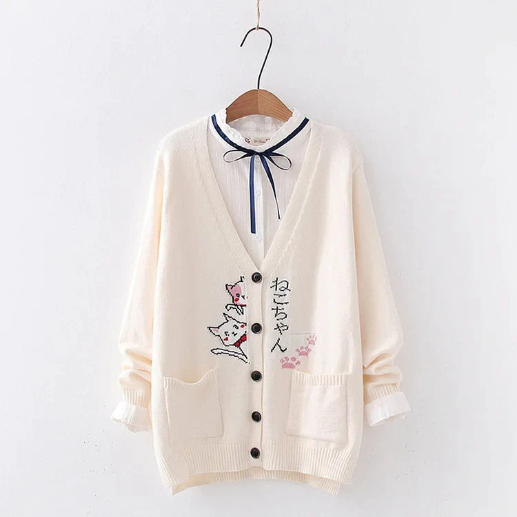 Japanese Cartoon Cat Letter Print Cardigan Sweater Shirt Denim Pants Set