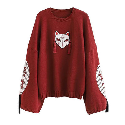 Cartoon Fox Embroidery Tassels Letter Pullover Sweater - Vintage Style