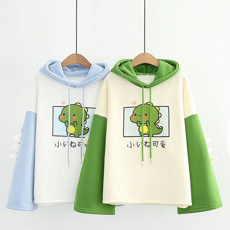 Roar to Life: Kawaii Baby Dino Colorblock Hoodie - Delightful Fashion for Your Little Explorer! 🌟🦖