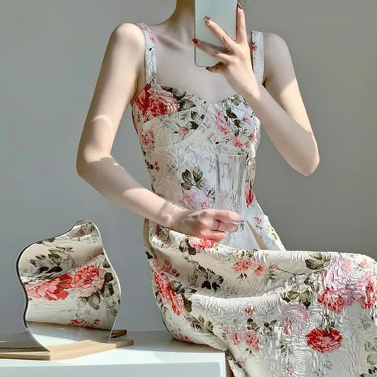 Graceful Vintage Floral Print A-line Slip Dress